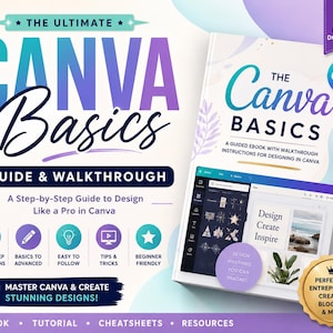 Puede incluir: Un libro electrónico digital titulado The Canva Basics Guide & Walkthrough que ofrece una guía paso a paso para diseñar. La portada muestra el logotipo de Canva, una vista previa de la interfaz del software, un sello dorado e iconos de instrucciones.