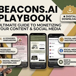 Könnte beinhalten: Der digitale Download-Leitfaden Beacons.ai Playbook zur Monetarisierung von Inhalten und sozialen Medien. Er zeigt drei Smartphone-Bildschirme mit Interface-Layouts sowie Textbeschriftungen für KI-gestütztes Onboarding, gesichtslose Seitenstrategie, digitale Produkt-Masterclass, Social-Media-Integrationen und einfache professionelle Einrichtung.