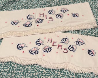 Vintage His and Hers Pillowcases: Hand-Tatted Lace, Embroidered Design