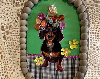 Framed Dachshund Collage Art, Beaded Wooden Frame, Jewels Fabric Paint Burlap Hanger