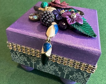 Hand Decorated Jeweled Keepsake Box, Jewel Tone Beads, Rhinestone Trim