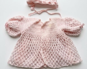Hand crocheted baby girls sweater and hat from 1955. Size 0-3 months. Never worn.