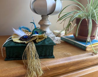Emerald Fabric Box with Vintage Jewelry, Peacock Feathers, Gold Tassel, Pearls
