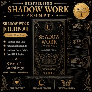 Può includere: Un diario digitale di shadow work in nero e oro con nove pagine guidate. La copertina presenta motivi di falena, luna e stelle con il testo "Shadow Work Journal, A Journey Into Self-Discovery & Healing." Include vari spunti di riflessione e scrittura.