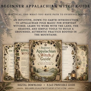 May include: A digital download guide titled Beginner Appalachian Witch Guide, featuring a practical path to everyday magic. The printable pages include text, illustrations of lanterns, feathers, and forest elements on a beige background.