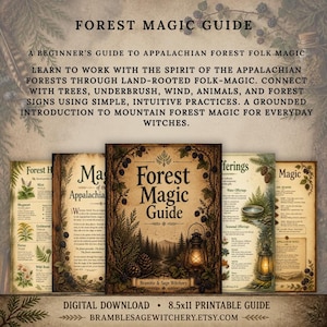 May include: A digital download of a Forest Magic Guide, an 8.5x11 printable guide featuring five pages of text and illustrations about Appalachian folk magic. The cover displays a lantern, pinecones, and forest imagery with the title Forest Magic Guide.