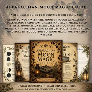 May include: A digital download of the Appalachian Moon Magic Guide, an 8.5x11 printable guide featuring mountain-themed illustrations, moon phase charts, and lantern graphics. The text includes instructions for moon-aligned rituals.