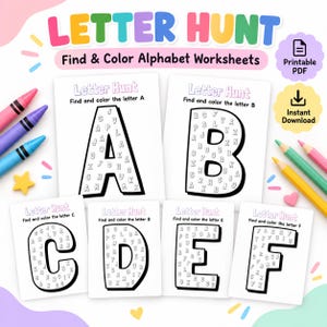 May include: A set of Letter Hunt Find & Colour Alphabet worksheets featuring large letters A through F filled with smaller letters. The pages include the text Letter Hunt and Find and colour the letter. Colourful crayons are arranged on the sides.