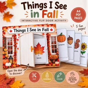 Può includere: Un'attività interattiva con porte a ribalta intitolata Things I See in Fall, composta da pagine PDF in formato A4. Il set include illustrazioni di zucche, ghiande, scoiattoli e fiori, con un design a facciata di casa con porte apribili.