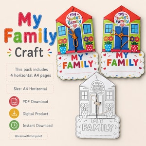 Può includere: Un kit per il fai da te My Family con sagome di carta a forma di casa con tetti rossi, porte blu e vasi di fiori. Sono mostrate due versioni colorate e una versione in bianco e nero, ciascuna con un adesivo e una chiusura a spago.