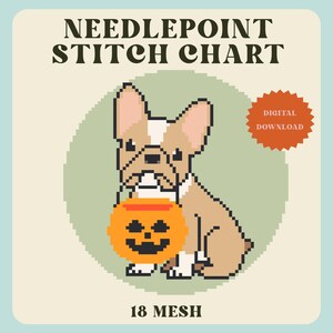 May include: A needlepoint stitch chart featuring a pixel art French bulldog holding an orange jack-o'-lantern bucket. The text reads NEEDLEPOINT STITCH CHART, DIGITAL DOWNLOAD, and 18 MESH. The design is set against a light green circular background.