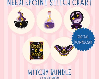 Witchy Bundle Needlepoint Stitch Charts, 5 Mini Halloween Patterns (Digital Download, PDF)