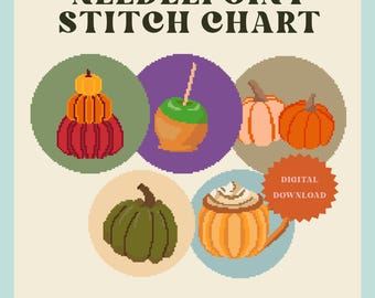 May include: A needlepoint stitch chart featuring pixel art designs of pumpkins, a caramel apple, and a pumpkin mug. The text reads NEEDLEPOINT STITCH CHART, 18 MESH, and DIGITAL DOWNLOAD. The background is cream with five circular colored icons.