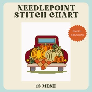 May include: A needlepoint stitch chart featuring a pixel art illustration of a dark red truck carrying orange and white pumpkins with a plaid blanket. The text reads NEEDLEPOINT STITCH CHART, DIGITAL DOWNLOAD, and 13 MESH. The design is on a light background.
