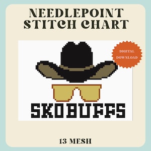 May include: A needlepoint stitch chart featuring a pixelated black cowboy hat above gold-colored sunglasses and the text SKOBUFFS. An orange starburst shape contains the text DIGITAL DOWNLOAD, and the bottom text reads 13 MESH.