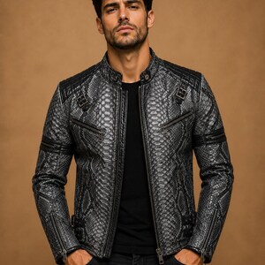 Men Black Snakeskin Leather Jacket Python Texture Biker Motorcycle Racer Stand Collar Zip Slim Fit Handmade Outerwear Fashion