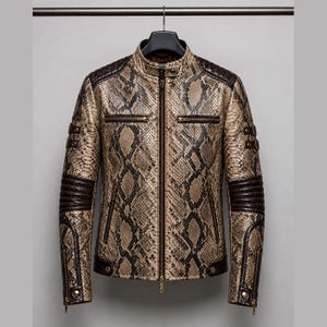 Men's Leather Biker Jacket Python Embossed Cafe Racer Motorcycle Brown Luxury Handmade Vintage Streetwear Moto Coat