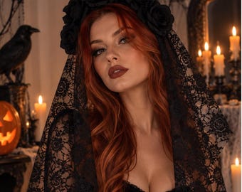 Tocado de disfraz de Halloween, diadema floral con velo del Día de Muertos, corona floral de calavera de azúcar con velo de telaraña negra.