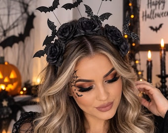 Gothic Black Rose Bat Headband, Halloween Costume Accessory, Spooky Floral Hairpiece