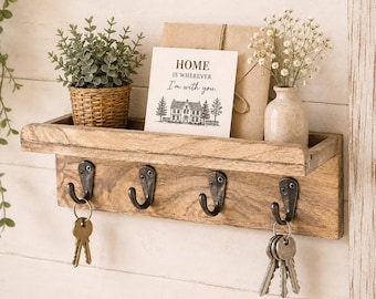 Wall Mounted Key Holder with Shelf Entryway Mail Organizer Rustic Wooden Key Rack Farmhouse Storage Decor