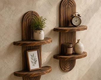 Boho Wooden Wall Shelf Geometric Floating Shelf Rustic Arch Wall Decor Plant Display Shelf Natural Wood Home Decor