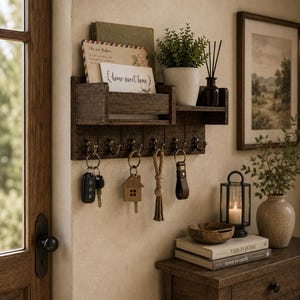 May include: A dark brown wooden wall-mounted organizer featuring a shelf for mail and decor, with six metal hooks underneath. Several keychains hang from the hooks, including a black car key fob and a wooden house-shaped charm.