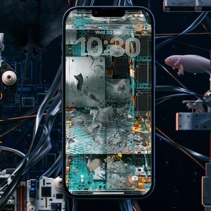 Könnte beinhalten: Ein Smartphone mit einem Sperrbildschirm, der ein digitales Hintergrundbild mit Rochen zeigt, die durch eine metallische, an eine Leiterplatte erinnernde Umgebung schwimmen. Der Bildschirm zeigt 10:30 Uhr, Wed 30 Sep sowie Taschenlampen- und Kamerasymbole.