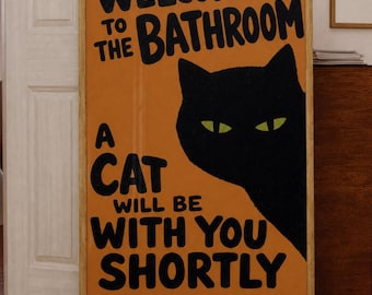 Welkom bij de badkamer! Kattenprint, grappig zwart kattenbordje voor de badkamer, originele decoratie, Halloween kattenposter - DIGITAAL PRODUCT (Printbare afbeelding)