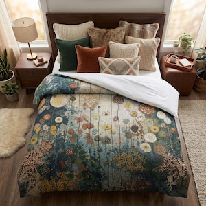 May include: A bed featuring a duvet cover with a botanical print of wildflowers in shades of blue, green, yellow, and brown. The bed is styled with a collection of decorative pillows in cream, dark green, rust, brown, and beige textured fabrics.
