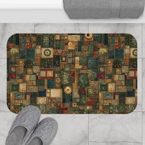 May include: A rectangular bath mat featuring a complex mosaic pattern of various squares and rectangles in shades of dark green, deep red, gold, and brown. The design includes intricate textures, geometric shapes, and circular motifs throughout.