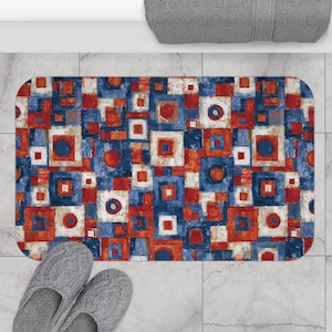 Bath Mat, Gustav Klimt Inspired Americana Patriotic 4th of July Unique Cute Bathroom Rug Mat, Colorful Shower Bathmat