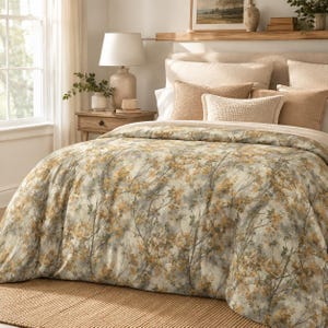 May include: A bedding set featuring a comforter with a printed pattern of autumn-colored leaves and branches in shades of gold, brown, and muted gray on a cream background, paired with several solid-colored decorative pillows in neutral tones.