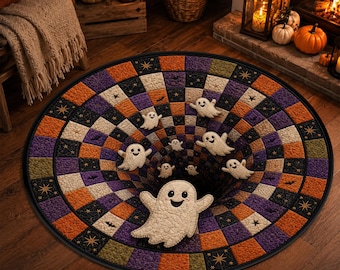 Halloween Cute Ghost Checker Rug, 3D Deep Tunnel Floor Mat, Round Optical Illusion Purple Orange Quilt Inspired Spooky Playroom Home Decor