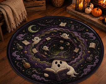 Halloween Spellbook Ghost Rug, 3D Witch Magic Spiral Floor Mat, Round Optical Illusion Potion Celestial Quilt Inspired Witchcore Home Decor