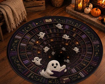 Haunted Library Ghost Round Rug, 3D Bookshelf Vortex Optical Illusion Area Rug, Dark Academia Halloween Reading Nook Decor for Book Lovers