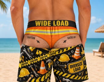 Custom Construction Beach Shorts, Funny Worker Swim Trunks for Men, Construction Worker Gift, Jobsite Party, Summer Beach Outfit Fun Gift