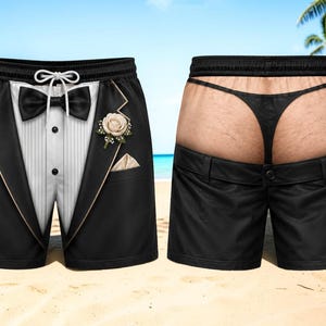 Personalized Funny Tuxedo Beach Shorts, Groom Novelty Swim Trunks for Men, Bachelor Party Gift, Wedding Beach Vacation Outfit Fun Beach Fun