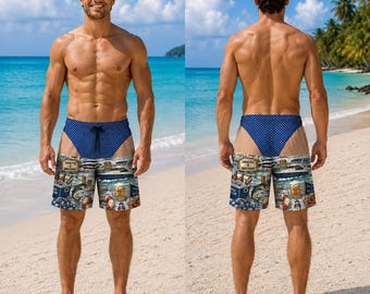 Personalized Dad Bod Beach Shorts Funny Speedo Illusion Swim Trunks Unique Birthday Gift For Husband Nautical Summer Vacation Bathing Suit !