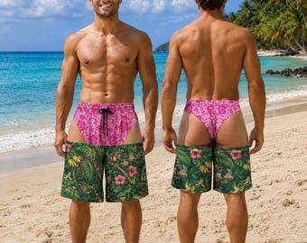 Custom Monkey Swim Trunks Funny Fake Thong Board Shorts Gag Gift For Men Beach Party Pink Floral Swimwear For Husband Summer Vacation Cloth