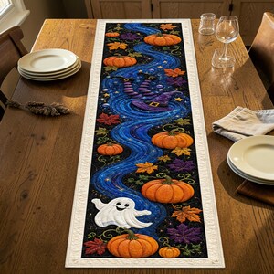 Witch Hat Pumpkin Quilted Table Runner, Cream Halloween Dining Decor, Ghost Kitchen Table Centerpiece Gift