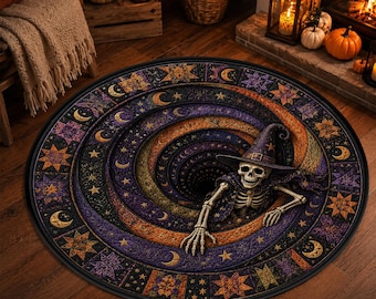 Halloween Celestial Skeleton Witch Rug, 3D Moon Star Spiral Floor Mat, Round Optical Illusion Patchwork Style Witchcore Gothic Room Decor