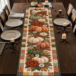 Patchwork Pumpkin Floral Quilted-Style Table Runner, Orange Green Autumn Harvest Decor, Thanksgiving Rustic Farmhouse Dining Table Topper