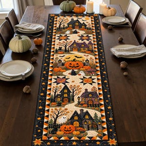 Haunted House Pumpkin Quilted-Style Table Runner, Black Orange Village Ghost Decor, Halloween Patchwork Farmhouse Dining Table Accent Gift
