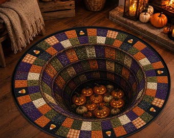 Jack O Lantern Pumpkin Well Round Rug, 3D Optical Illusion Halloween Area Rug, Candy Corn Quilt Style Patchwork Fall Entryway Floor Decor