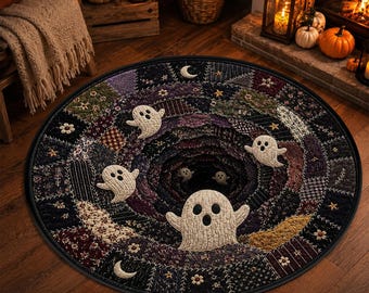 3D Ghost Vortex Halloween Rug, Round Optical Illusion Area Rug, Quilt Inspired Patchwork Spooky Floor Decor, Gothic Fall Living Room Accent