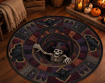 Victorian Skeleton Raven Round Rug, 3D Rose Portal Optical Illusion Halloween Area Rug, Dark Academia Gothic Quilt Style Spooky Home Decor