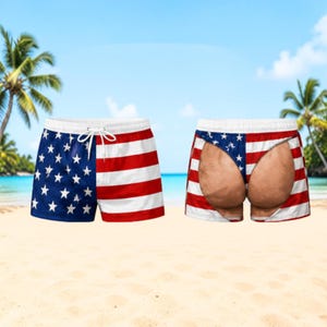 Custom American Flag Beach Shorts, Funny USA Patriotic Swim Trunks for Men, 4th of July Gift, Beach Vacation Outfit, Summer Pool Party Fun