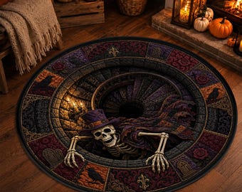 Halloween Skeleton Witch Rug, 3D Spiral Stairwell Floor Mat, Round Optical Illusion Gothic Raven Rose Patchwork Style Haunted Entryway Decor