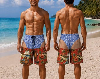Custom Bear Swim Trunks Funny Fake Thong Board Shorts Gag Gift For Men Beach Party Tropical Floral Swimwear For Boyfriend Summer Vacations