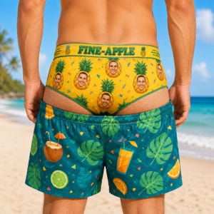 Custom Pineapple Face Beach Shorts, Funny Tropical Swim Trunks for Men, Personalized Vacation Gift, Summer Beach Party Outfit for Luau